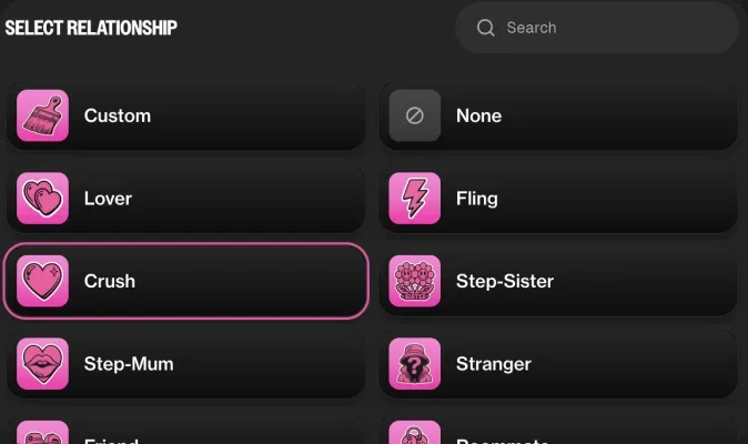 Relationship picker screen showing crush, lover and stranger