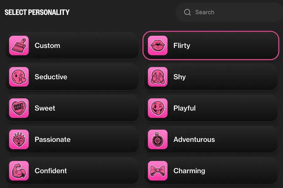 Personality picker screen showing flirty, seductive and playful